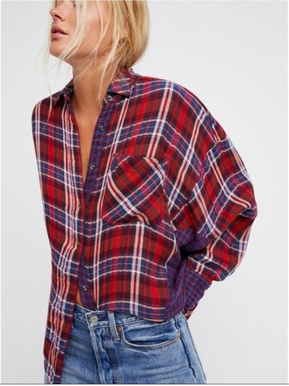 Free People One of the Guys Flannel Red Blue Oversized Size Medium